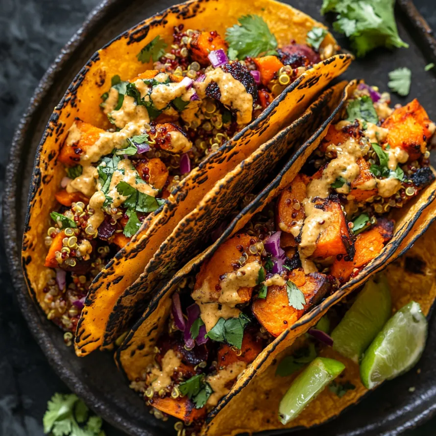 Dois tacos cheios de recheios coloridos.