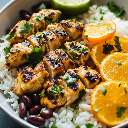 Uma tigela com arroz, frango e laranja.