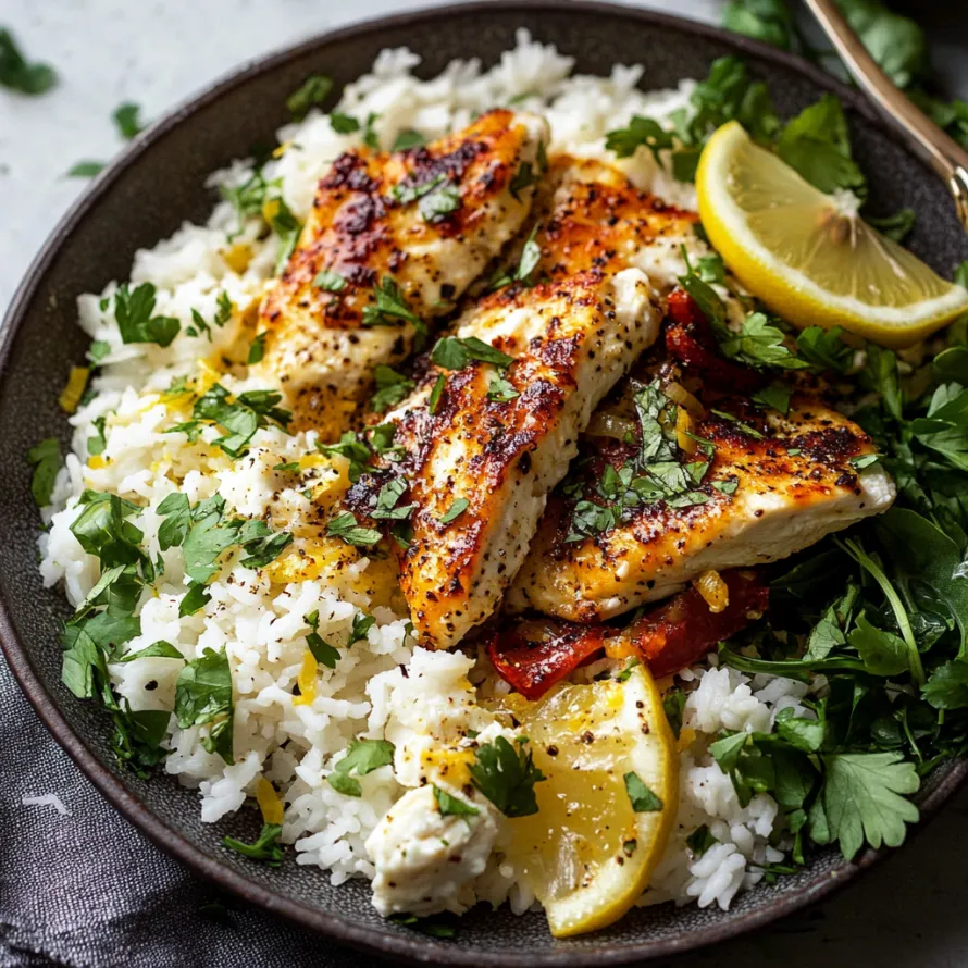 Prato com arroz, frango e fatia de limão.