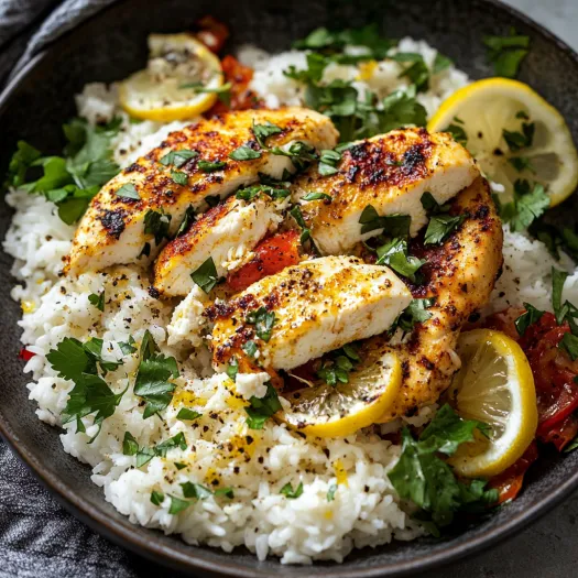 Prato com arroz, frango, tomate e limão.