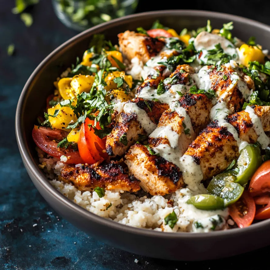 Um bowl com arroz, frango, tomate e pimentão verde.