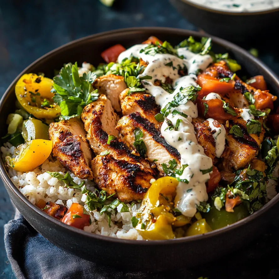 Bowl com arroz, frango, tomate e molho.