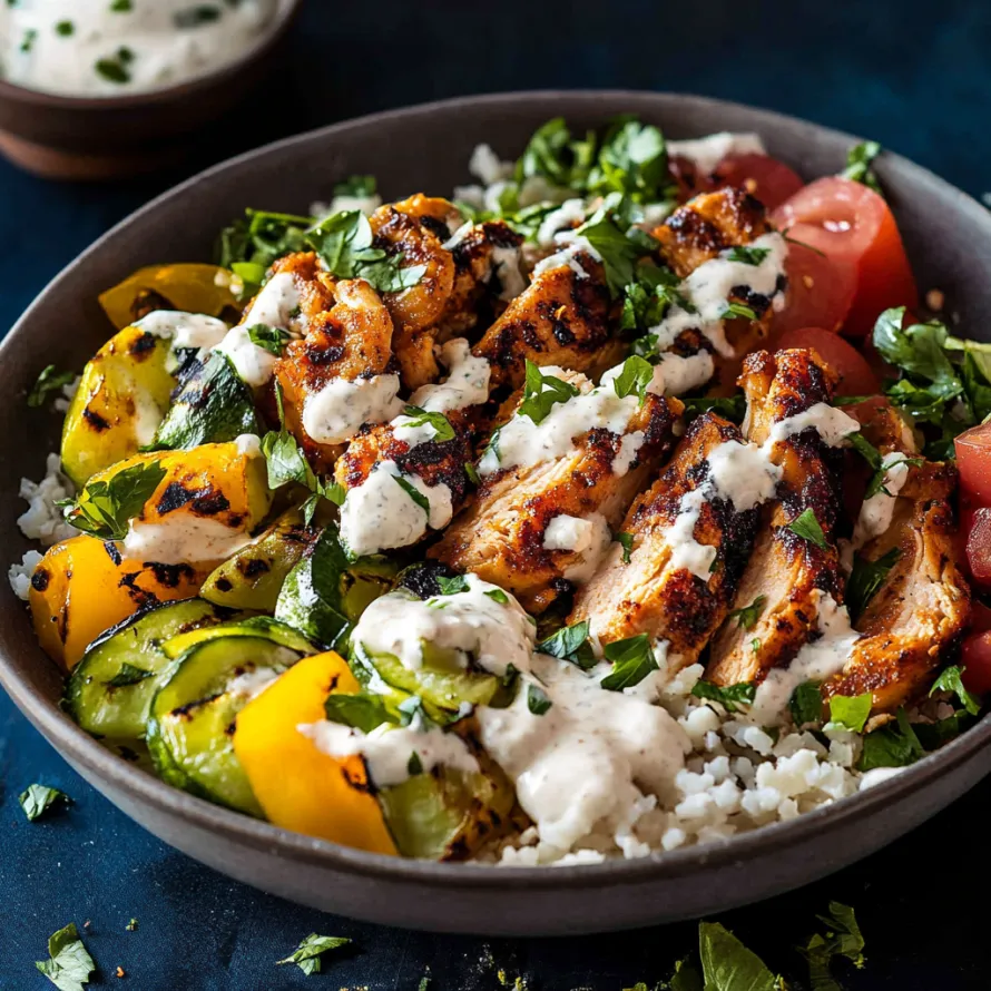 Bowl com frango, tomate e alface.