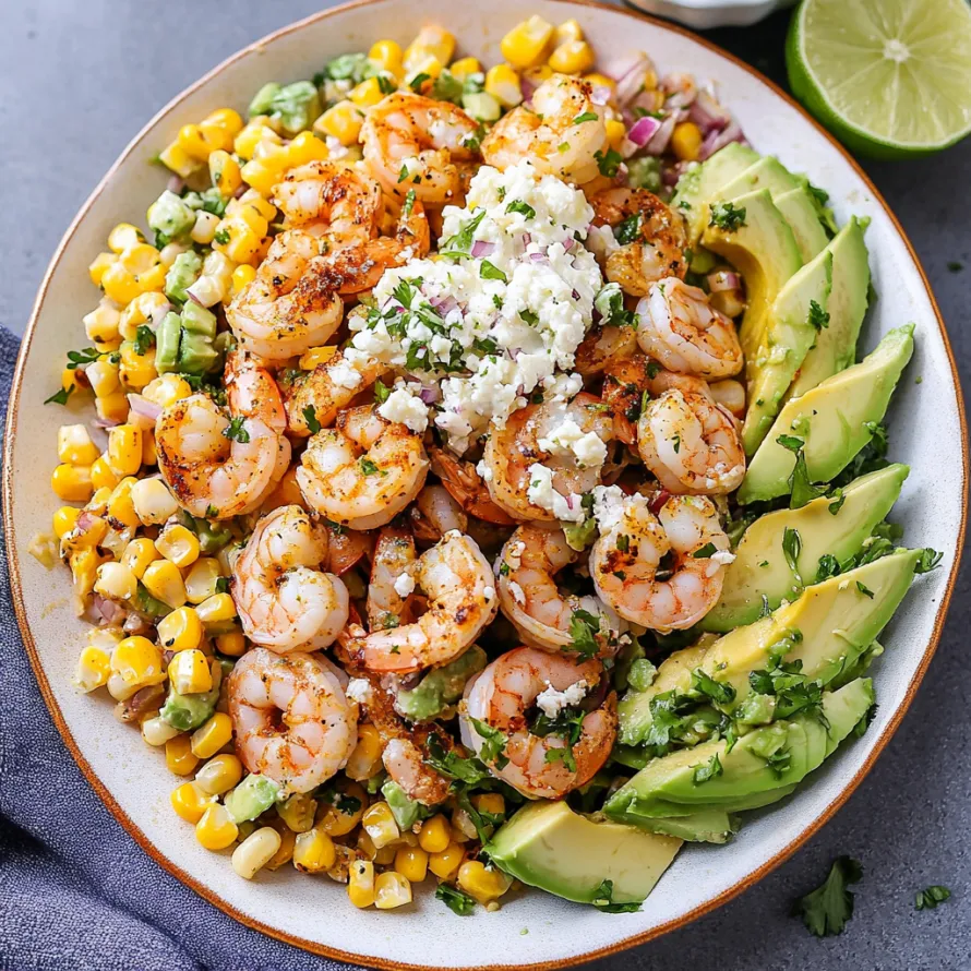 Uma tigela de salada de camarão e abacate.