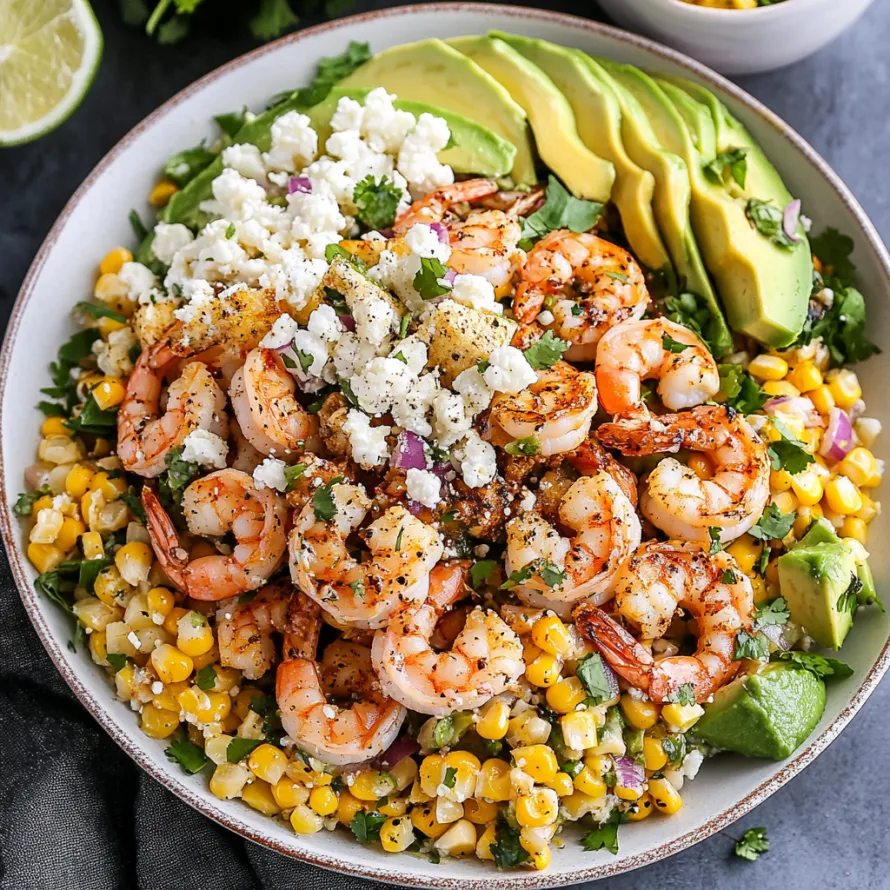 Uma tigela de salada de camarão e abacate.
