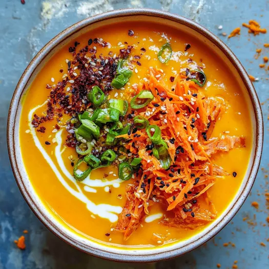 Uma tigela com sopa, cenouras e cebolas.