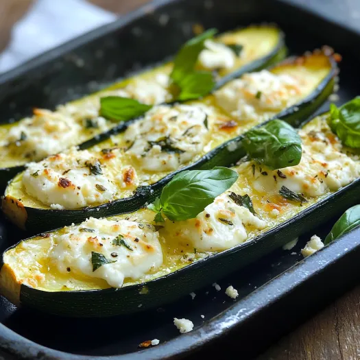 Travessa de courgettes com queijo e folhas verdes.