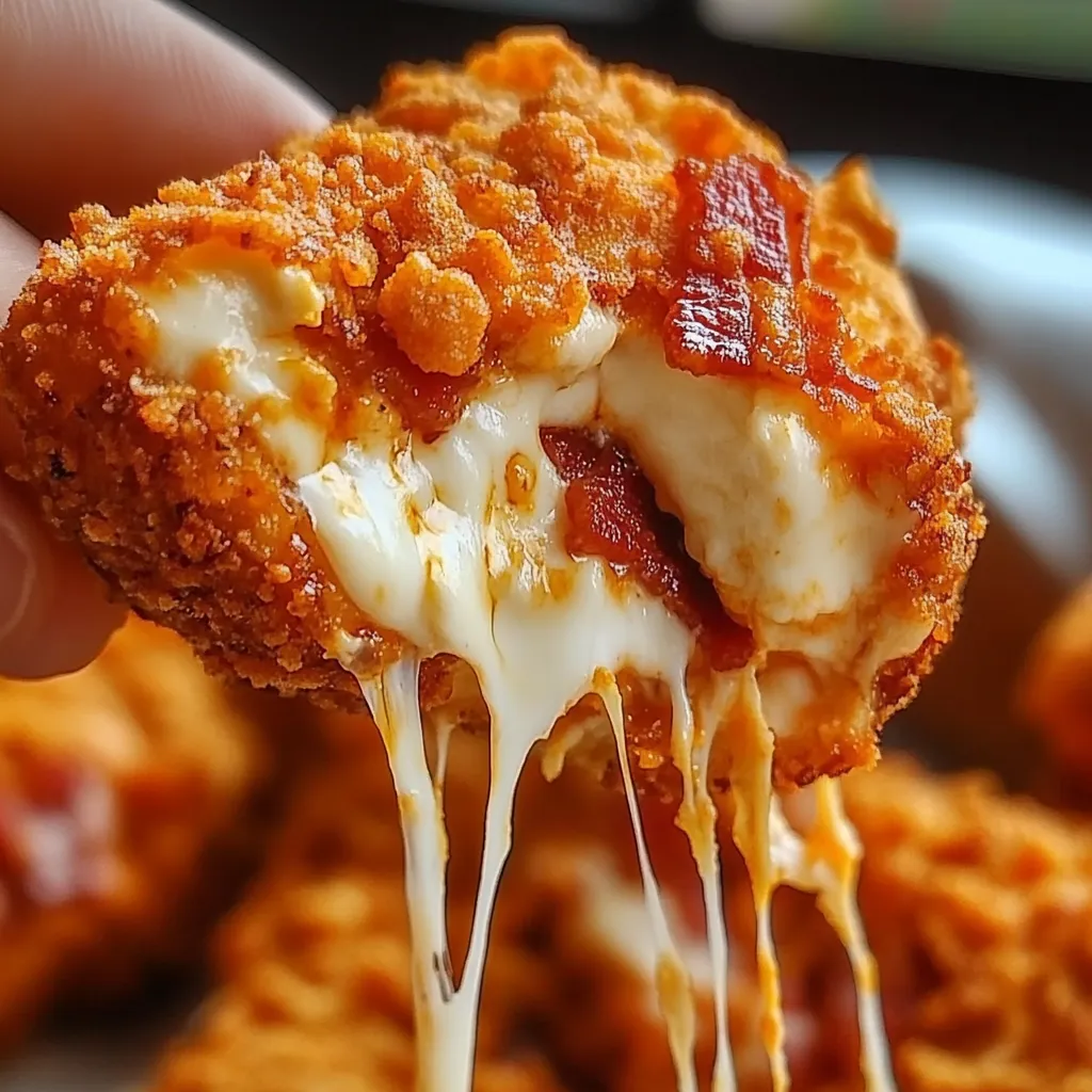 Uma mão segurando um pedaço de frango com queijo e bacon.