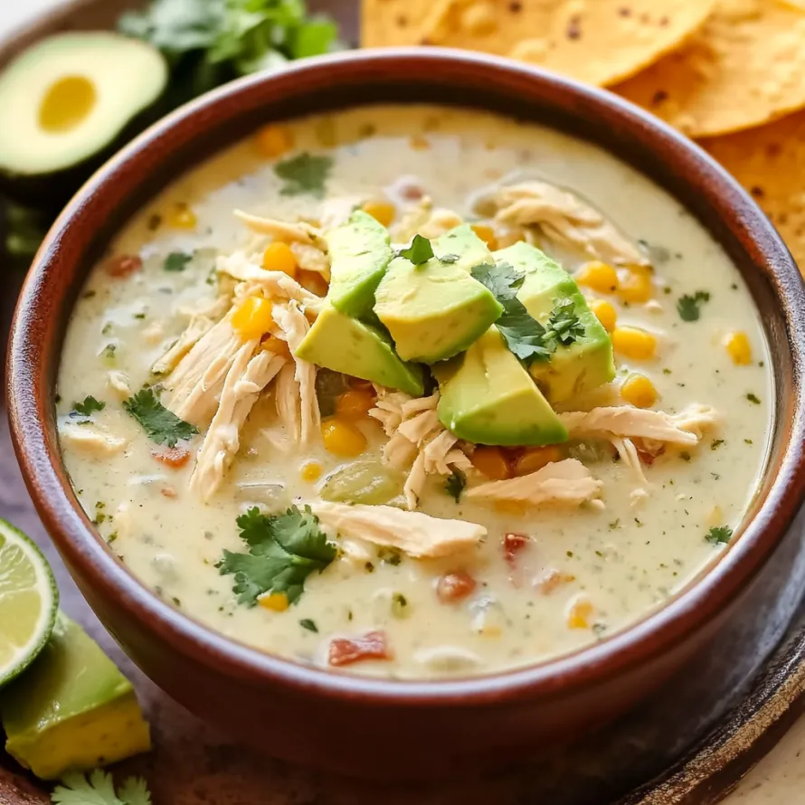 Tigela de sopa com frango, milho e abacate.