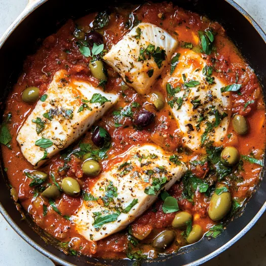 Frigideira com peixe, molho de tomate e azeitonas.