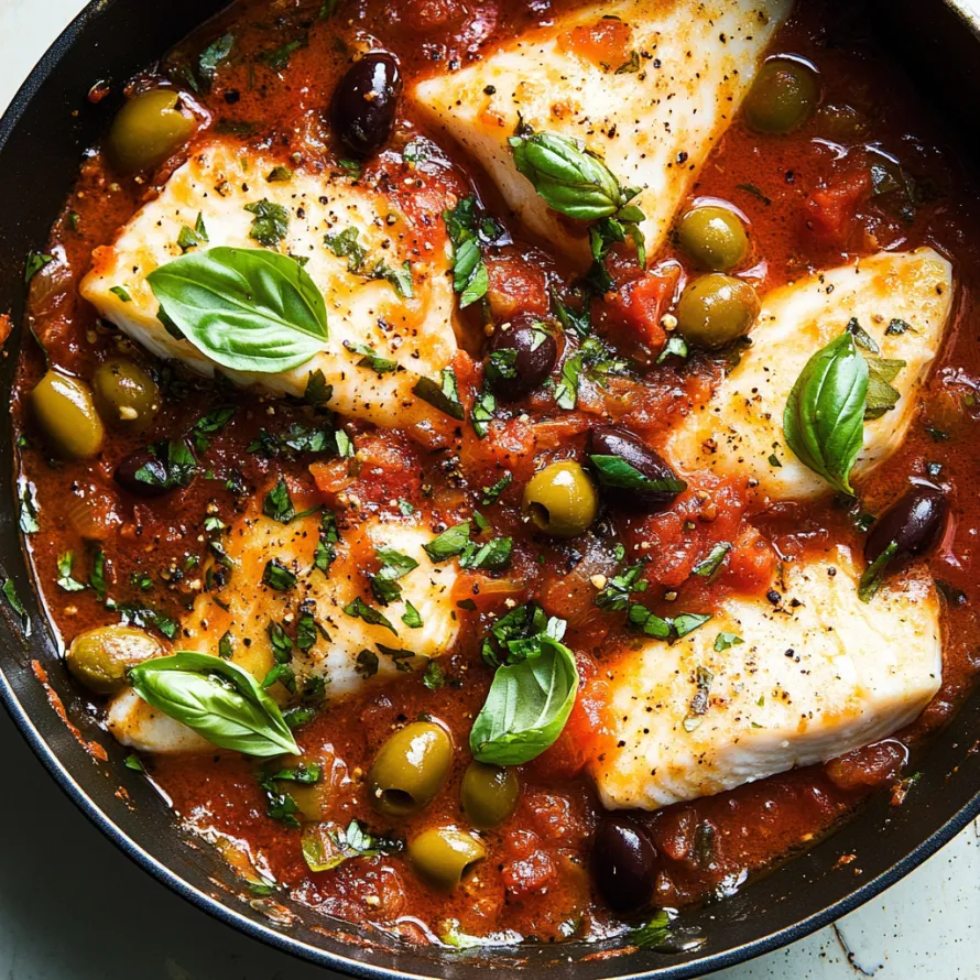 Um prato fundo com peixe, folhas verdes e azeitonas.