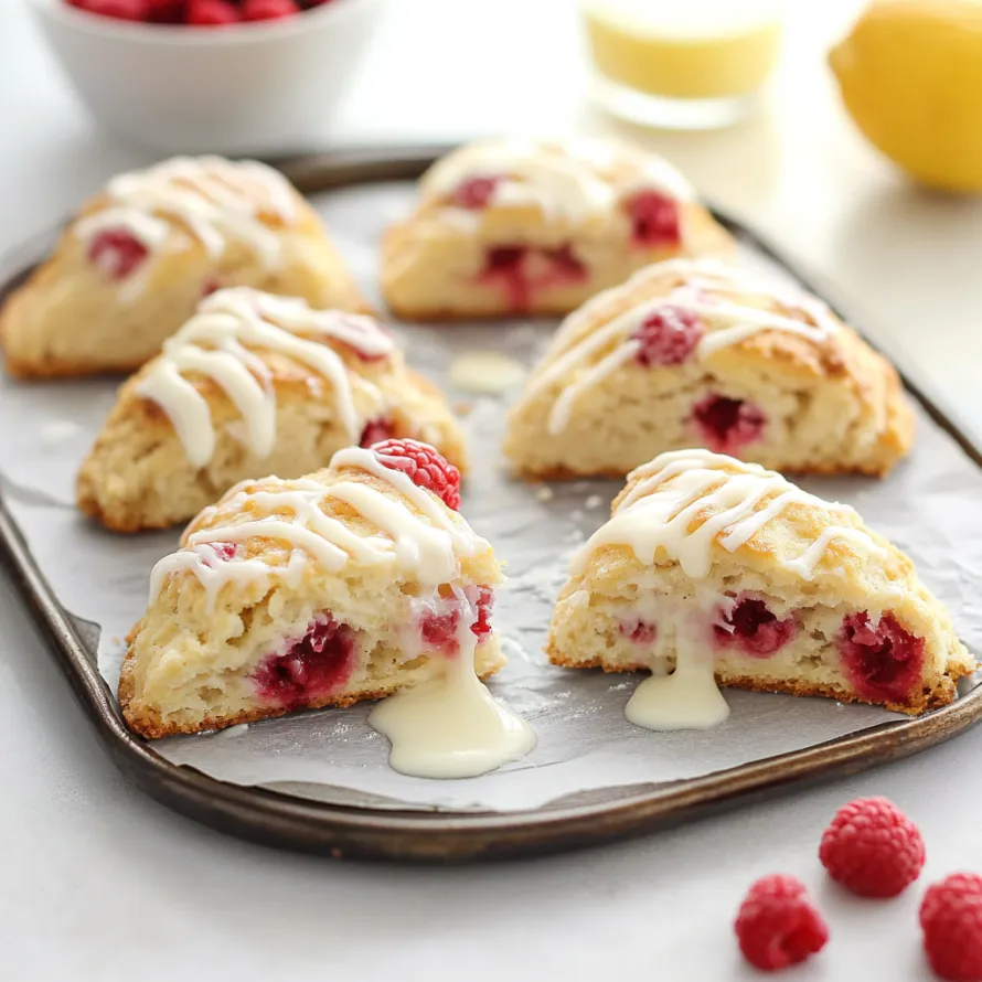 Prato com scones cobertos de glacê branco e framboesas.