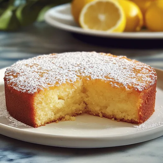 Uma fatia do bolo com açúcar de confeiteiro por cima num pratinho.