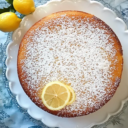 Fatia de bolo de limão polvilhado com açúcar de confeiteiro.
