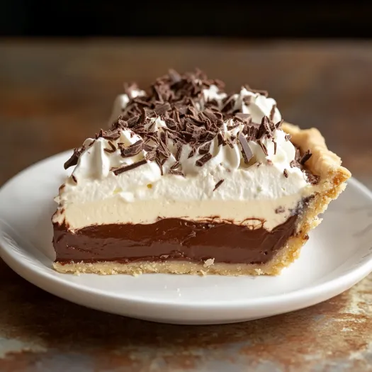 Fatia de torta com chocolate e cobertura branca.