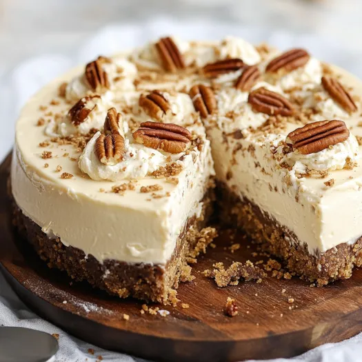 Pedaço de cheesecake com nozes sobre uma tábua de madeira.