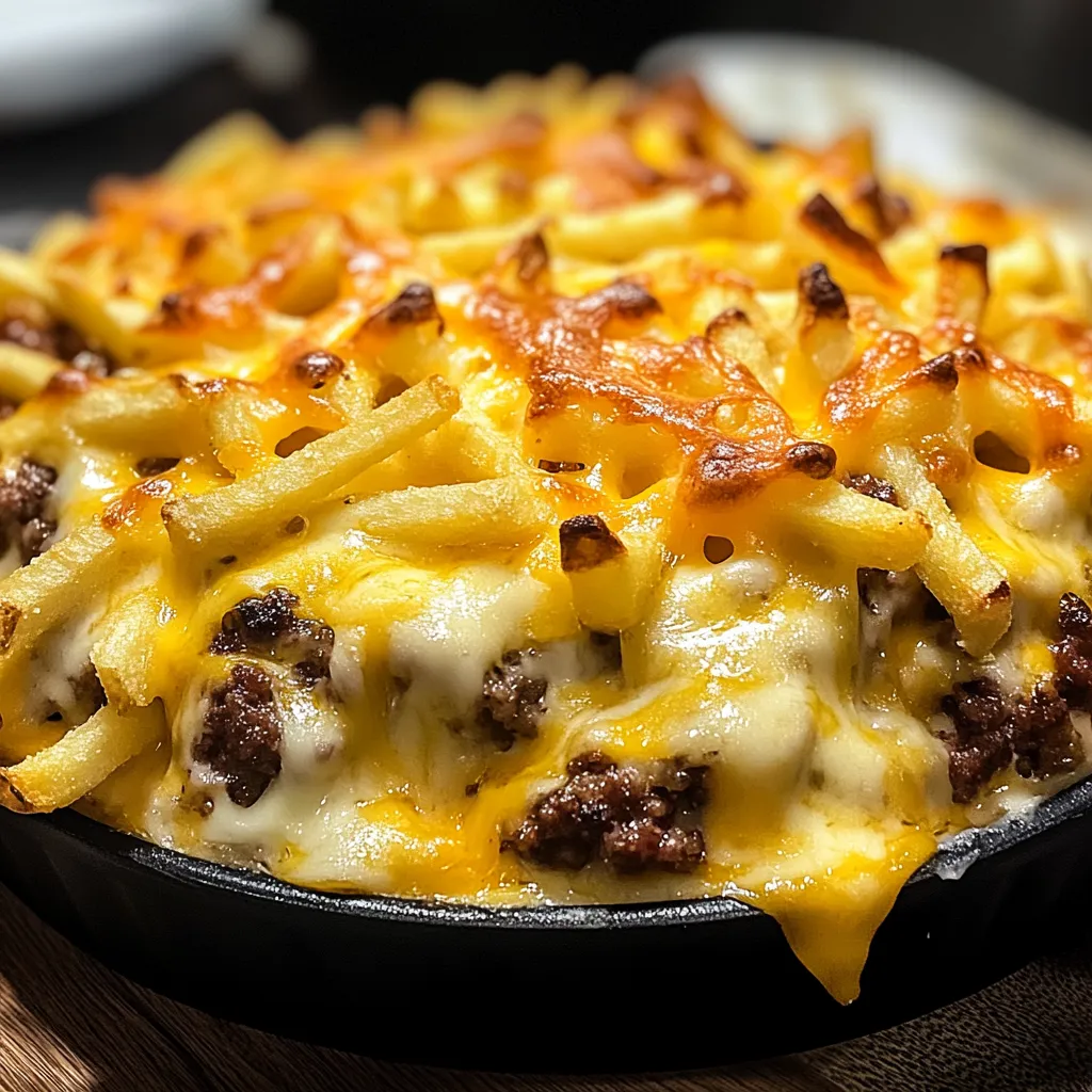Uma travessa de carne e queijo com batatas, perfeitamente gratinada.