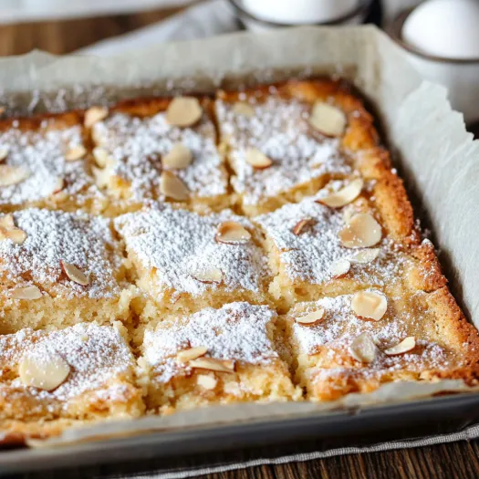Bolo de amêndoas cortado com açúcar por cima.