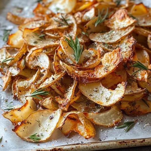 Tabuleiro com cascas de batata assadas e ervas frescas.