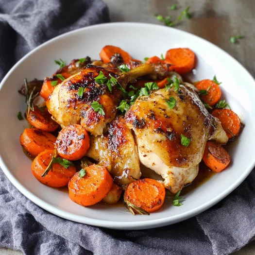Travessa com frango e cenouras.