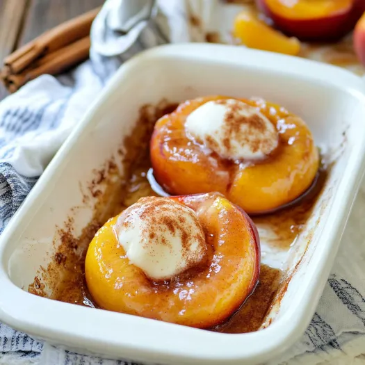Tigela branca com dois pêssegos e chantilly.