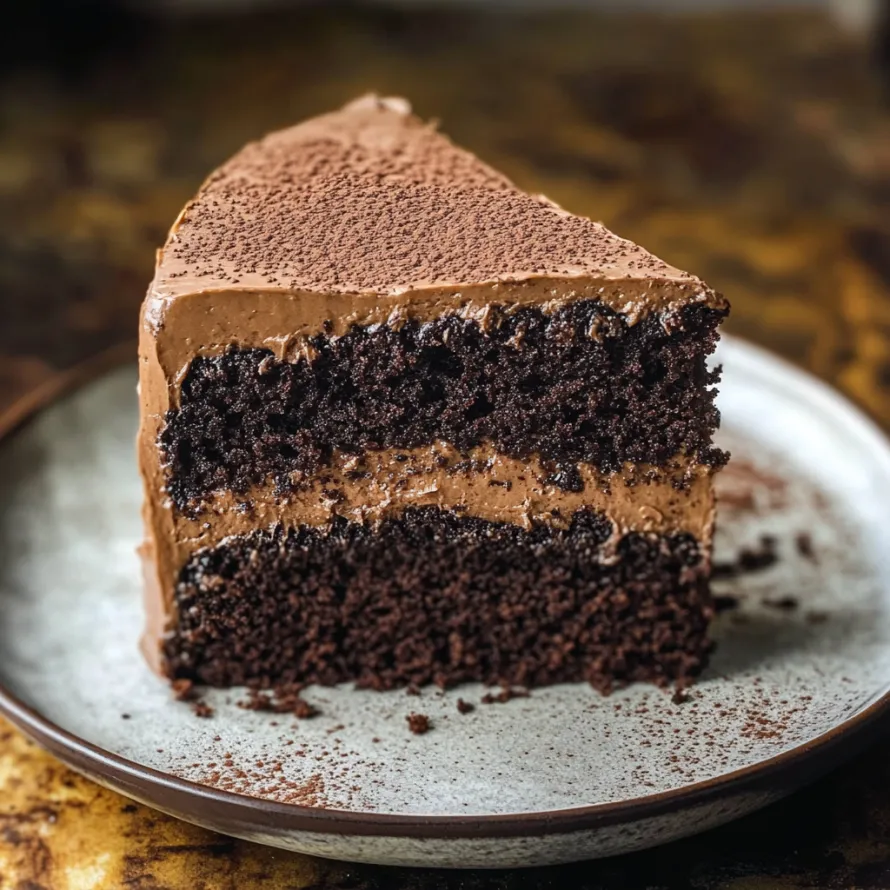 Uma fatia de bolo de chocolate em um prato.