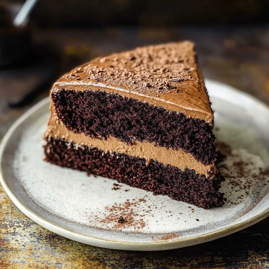 Uma fatia de bolo de chocolate num prato.