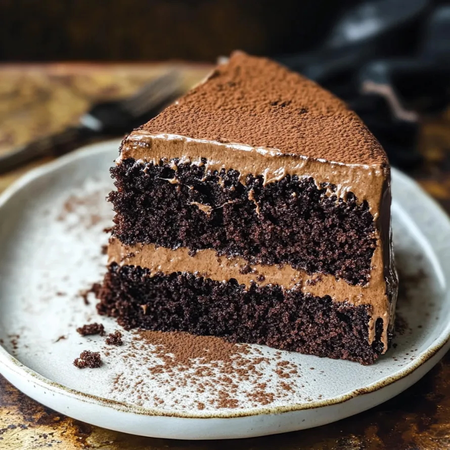 Uma fatia de bolo de chocolate num prato.