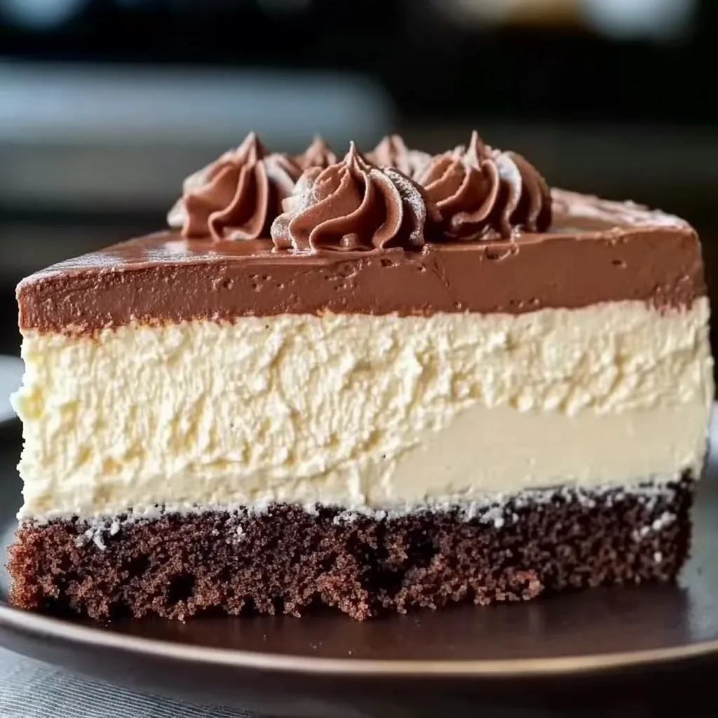 Uma fatia de bolo de chocolate e baunilha.