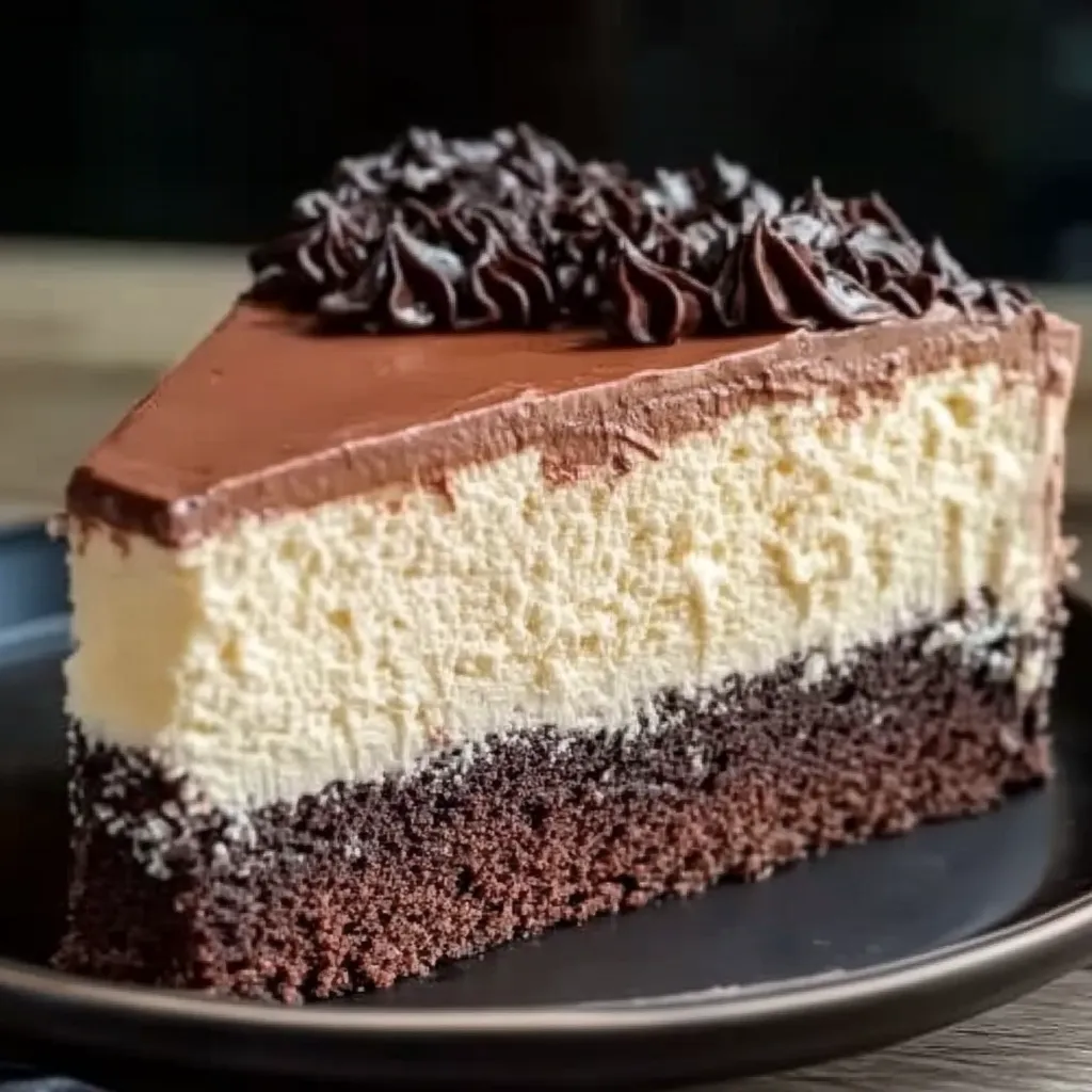 Uma fatia de bolo de chocolate com cobertura de chocolate.