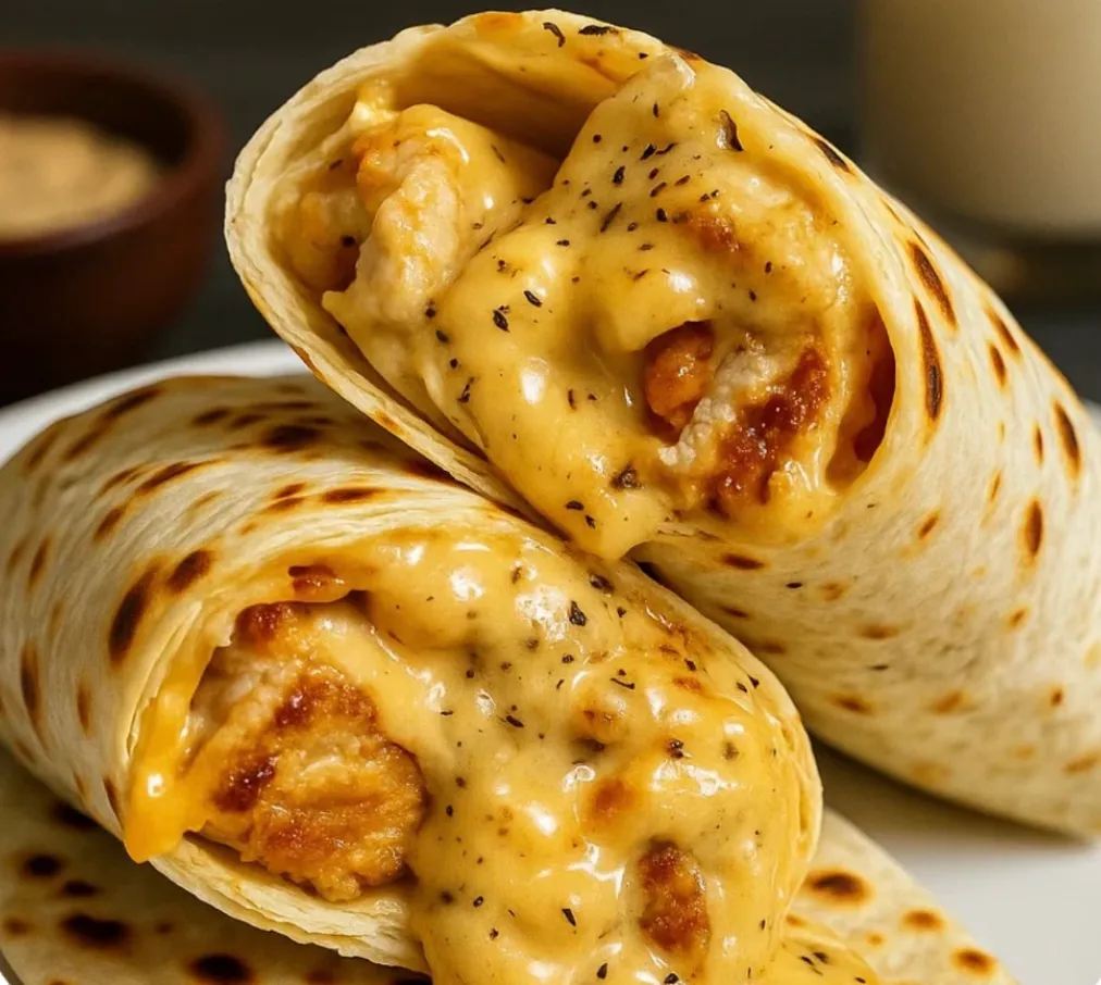 Dois wraps de frango com queijo derretido.