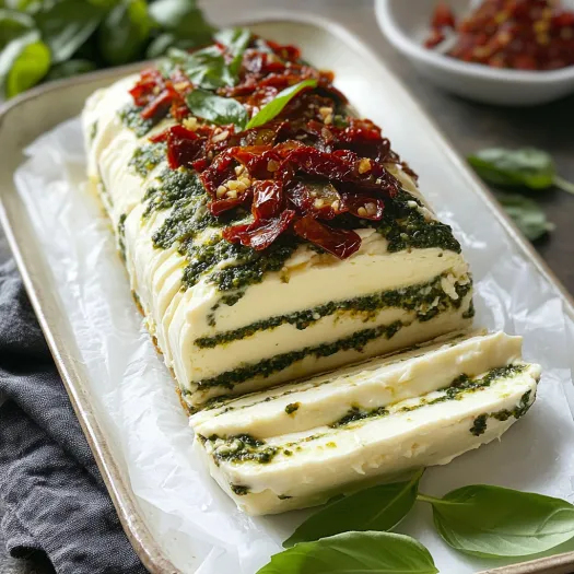 Uma fatia de queijo com cobertura verde e vermelha.