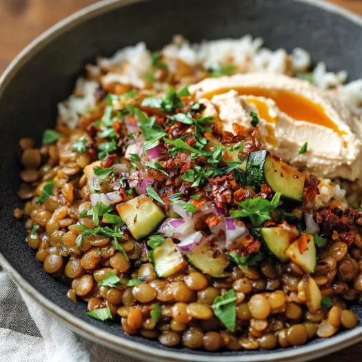 Uma tigela cheia de arroz, feijão e legumes.