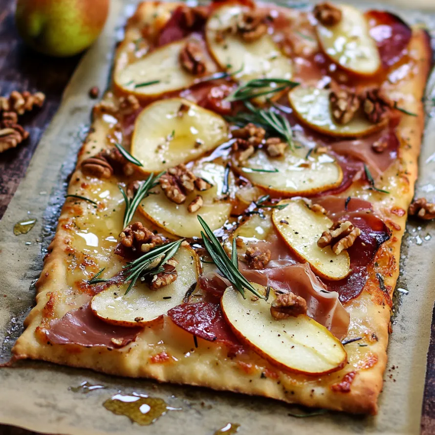 Uma pizza de pera e nozes.
