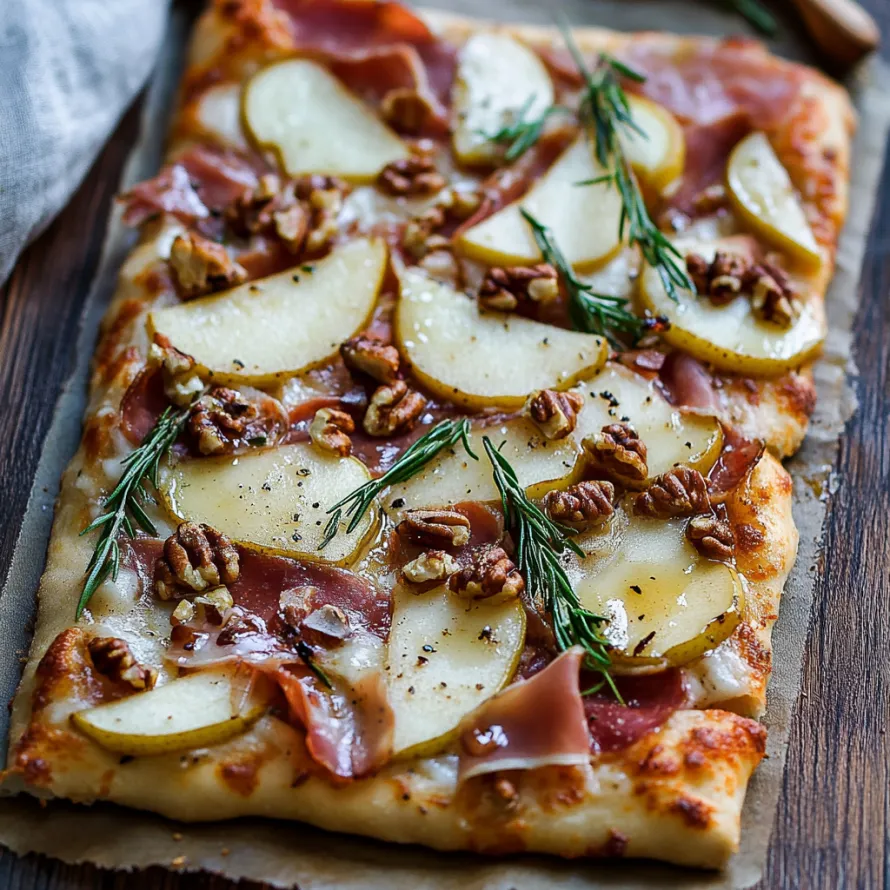 Uma pizza com maçãs e nozes por cima.