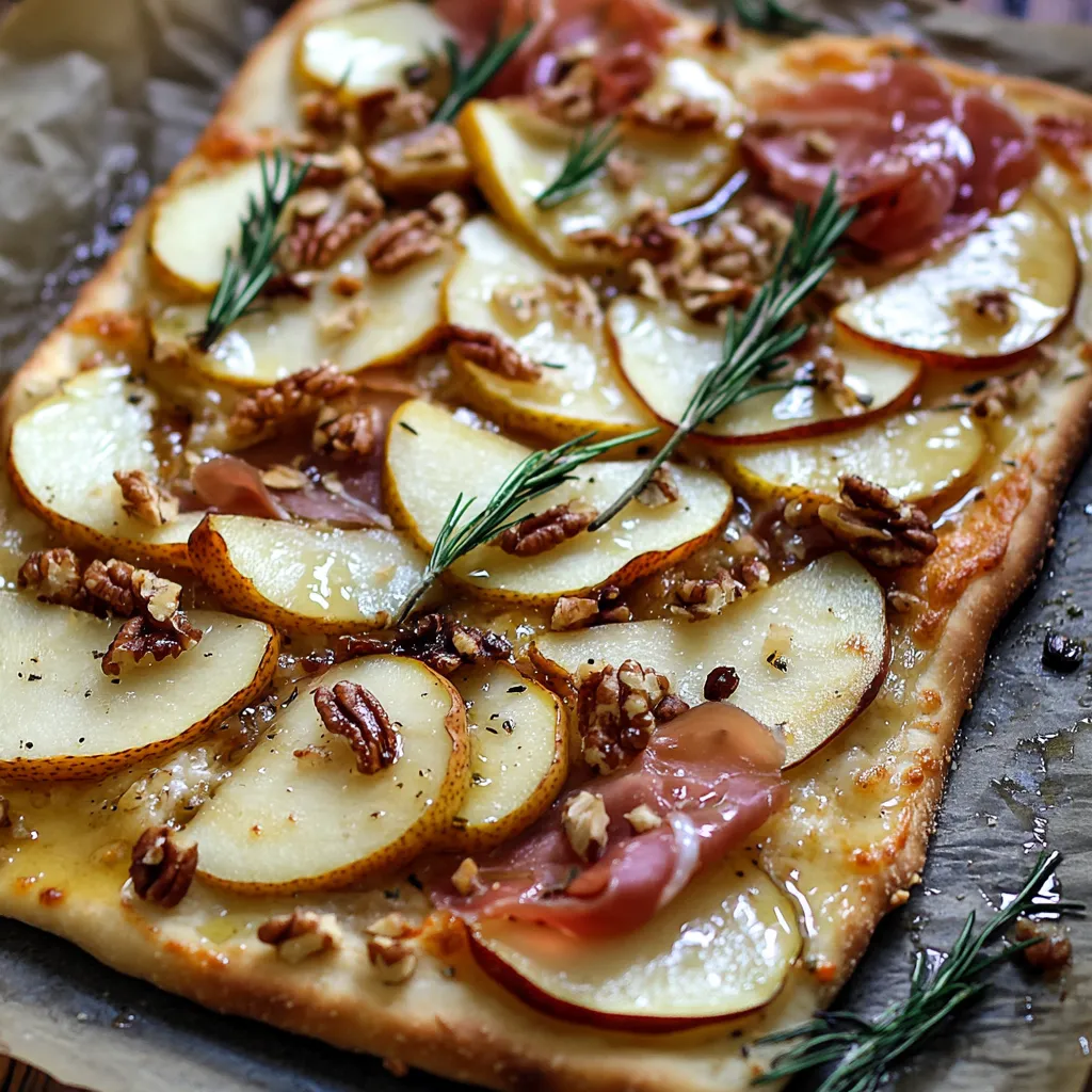 Uma pizza com maçã e nozes por cima.
