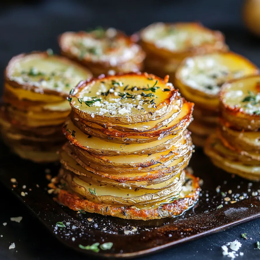 Prato com torres de batata e outros acompanhamentos.