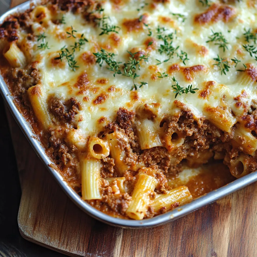 Travessa de massa gratinada com carne e queijo.