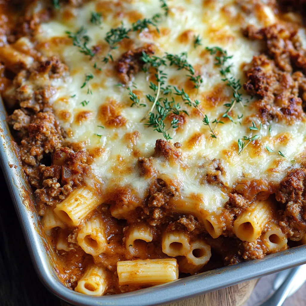 Travessa de massa com molho de carne e gratinado de queijo.