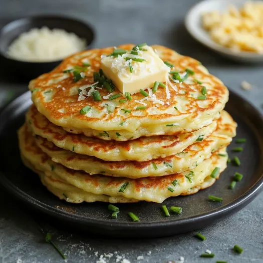 Pilhas de panquecas com manteiga e queijo por cima.