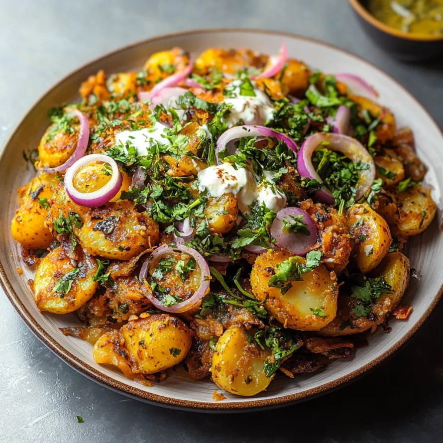Prato com batatas douradas, cebola e iogurte cremoso.