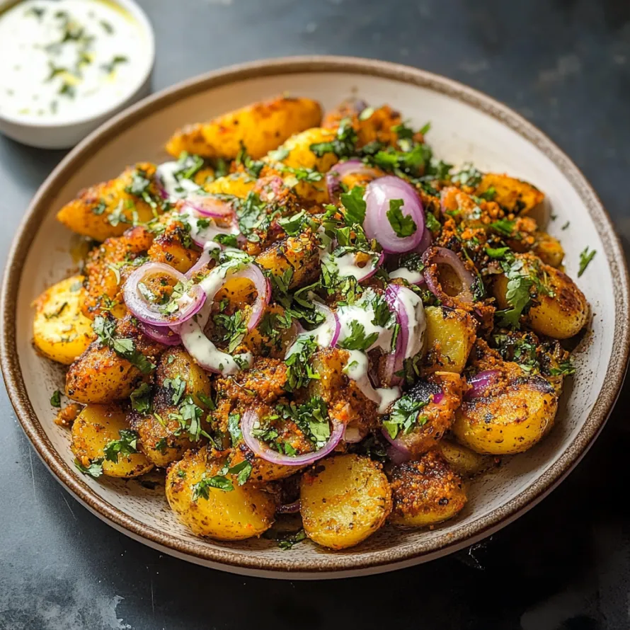 Um prato com batatas e cebolas.