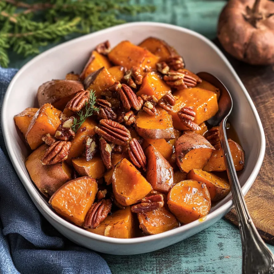 Uma tigela de batata-doce assada com colher.