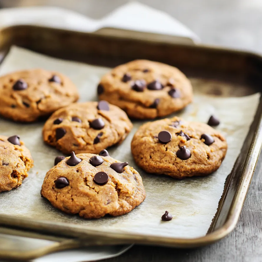 Cookies com gotas de chocolate numa assadeira.