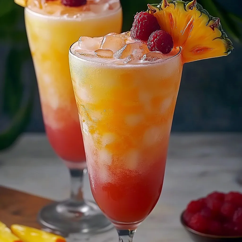 Dois copos com bebidas cor de rosa e laranja, com framboesas por cima.