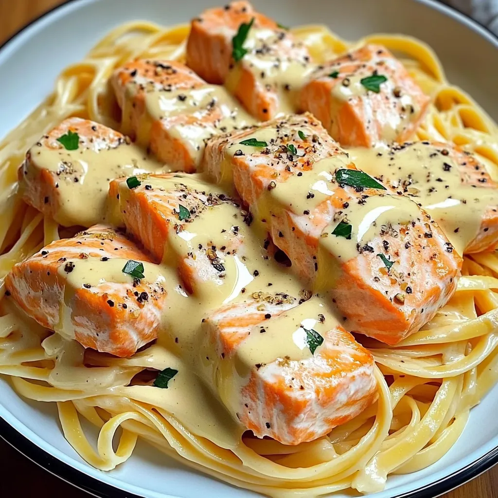 Um prato com massa e salmão.