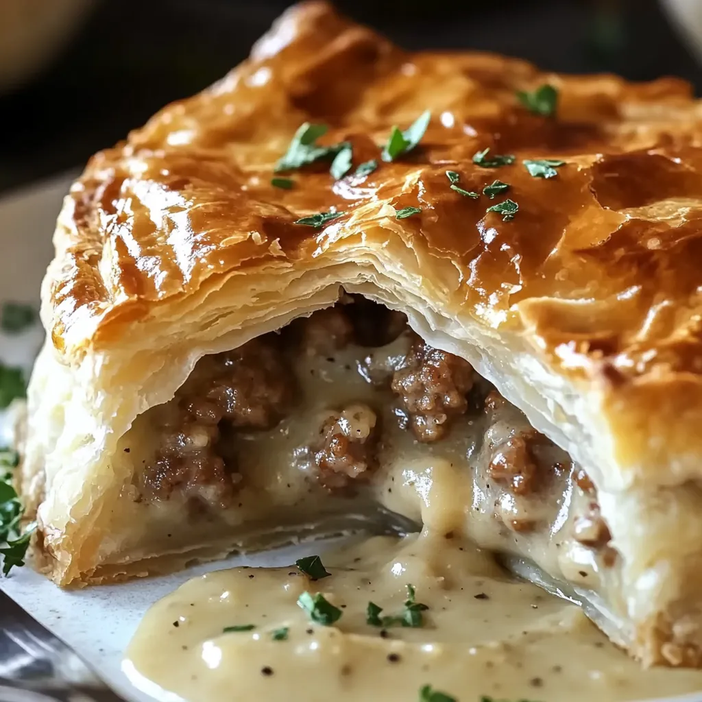 Tarte folhada recheada com carne e queijo.
