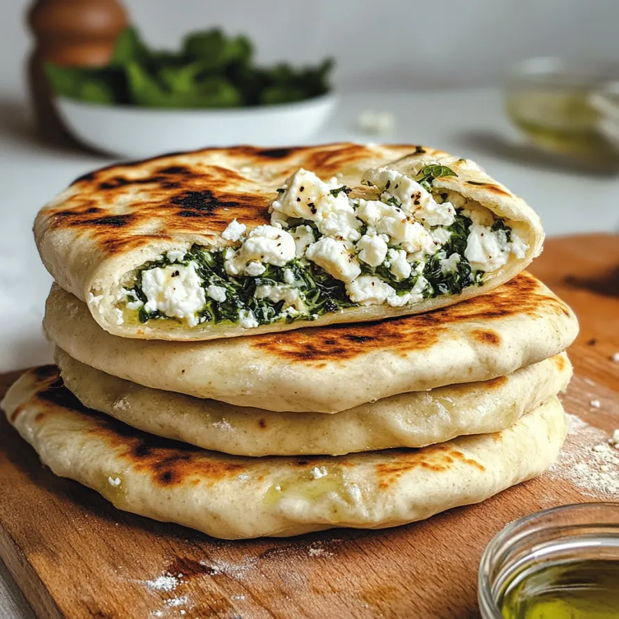 Montinho de pão pita com feta e espinafre.
