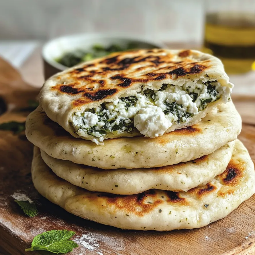 Vários pães chatos empilhados com feta por cima.