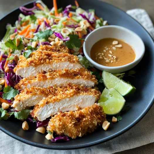 Um prato com frango, salada e molho.